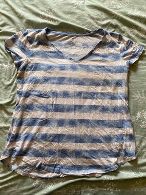 New York & Company Blue and White Striped V-Neck Tee